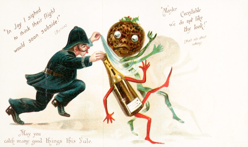 Poliziotto che insegue un budino di Natale e una bottiglia di vino, cartolina di Natale da English School
