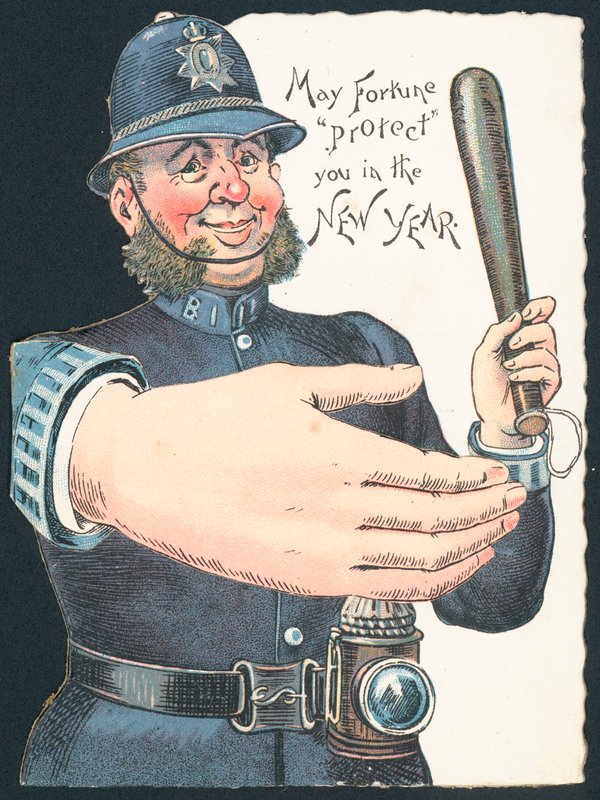 Poliziotto con manganello e mano grande, cartolina di Capodanno da English School
