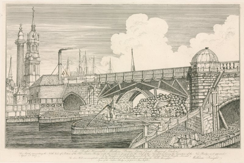 Parte del vecchio London Bridge, disegnata nel 1827 durante i lavori di costruzione da English School