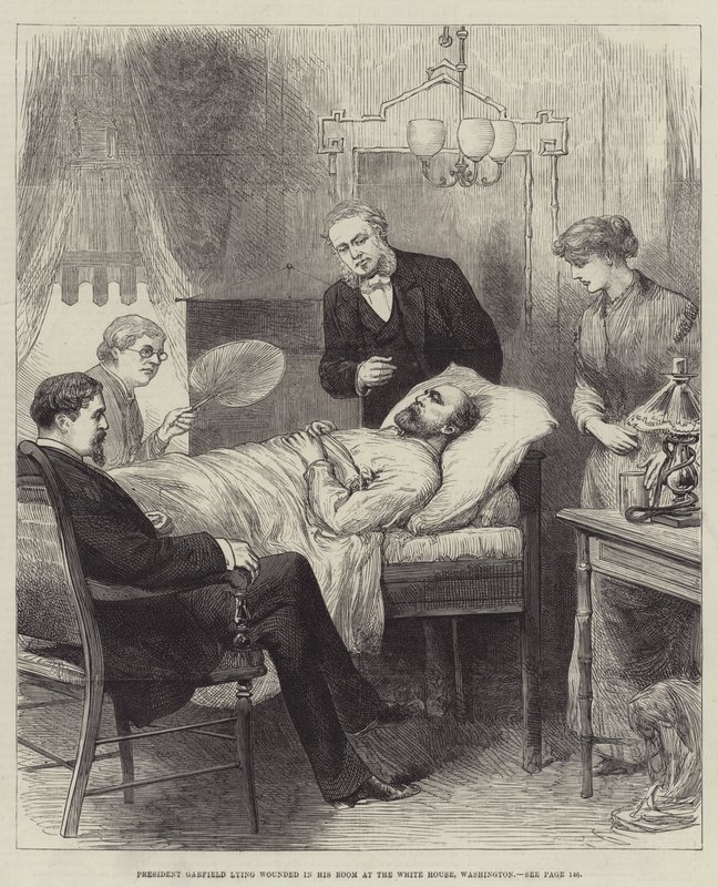 Il presidente Garfield ferito nella sua stanza alla Casa Bianca, Washington da English School