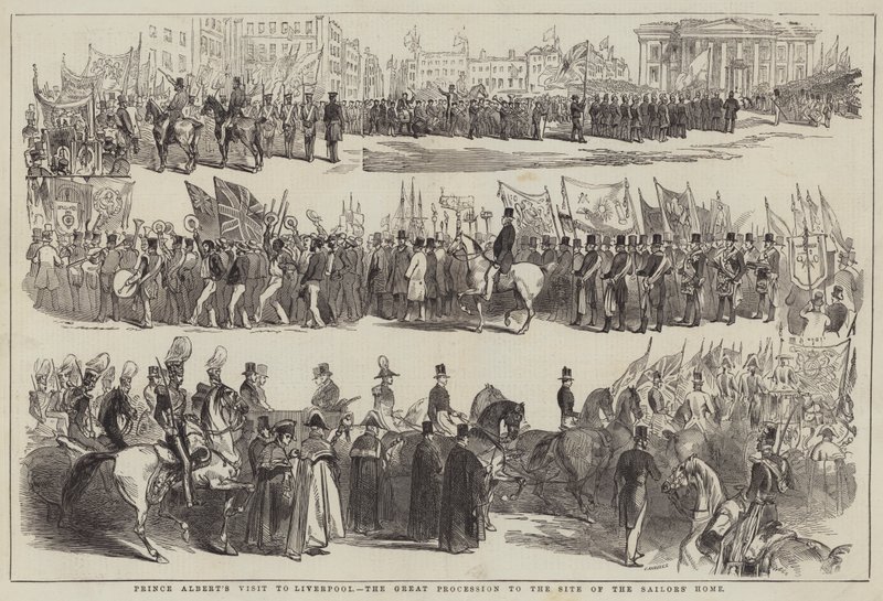 La visita del Principe Alberto a Liverpool, il grande corteo verso il sito della Casa dei Marinai (incisione) da English School
