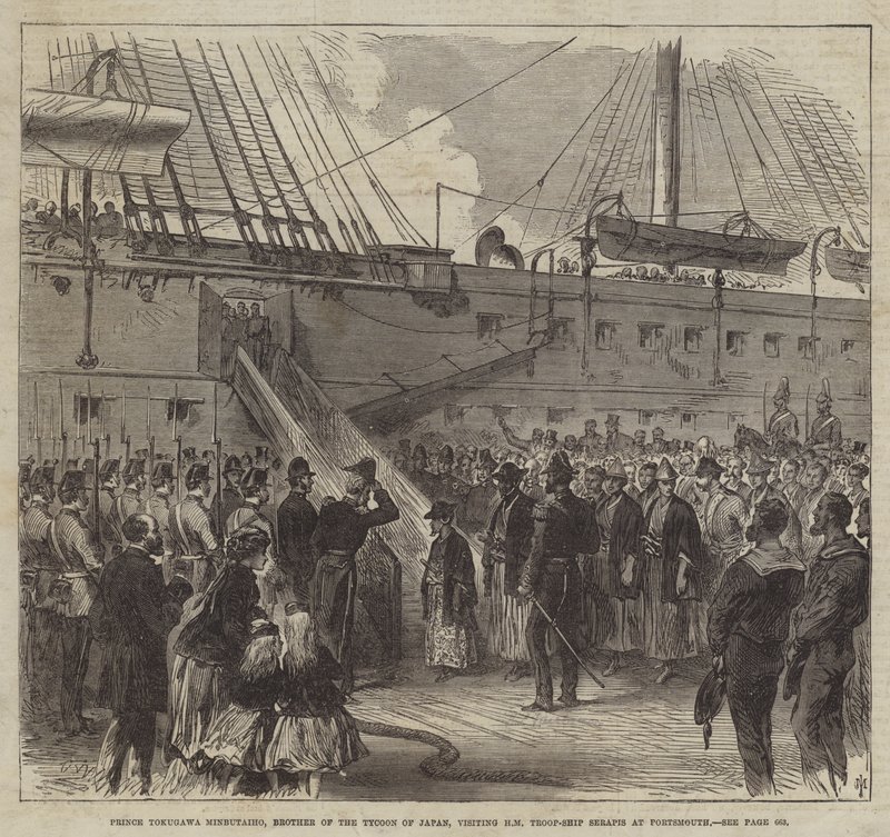 Il principe Tokugawa Minbutaiho, fratello del Tycoon del Giappone, in visita alla nave da trasporto truppe HM Serapis a Portsmouth da English School