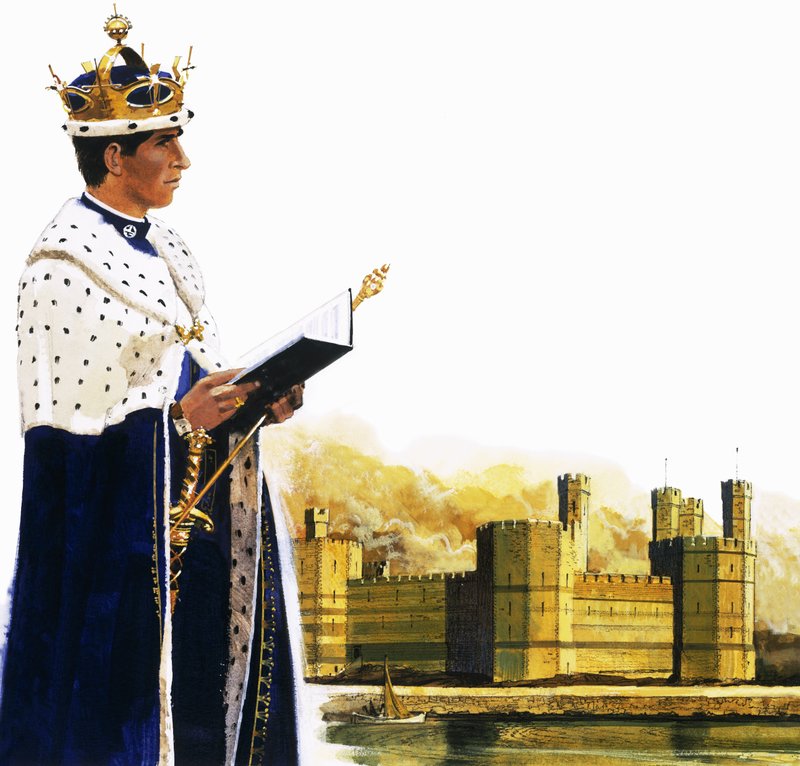 Principe di Galles davanti al castello di Caernarvon da English School