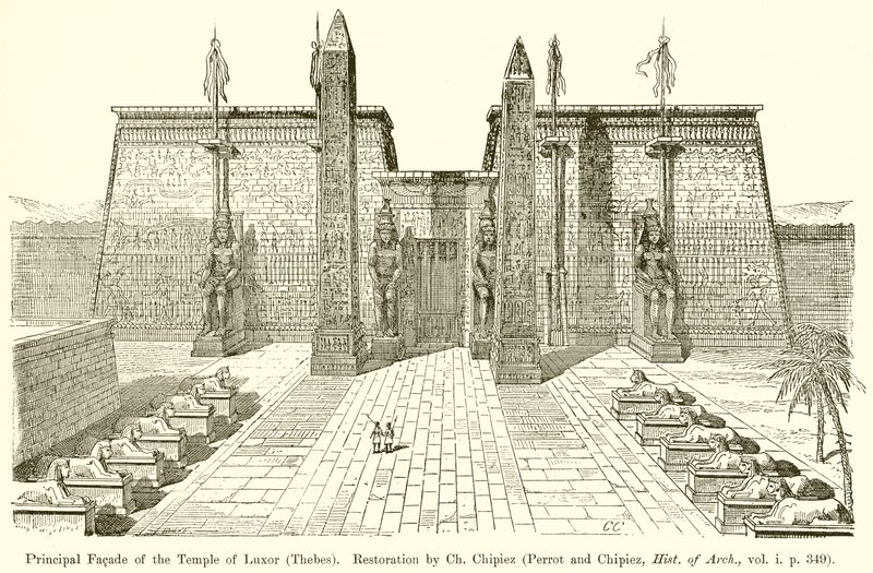 Facciata principale del Tempio di Luxor (Tebe). Restauro di Ch. Chipiez (Perrot e Chipiez, Storia dell