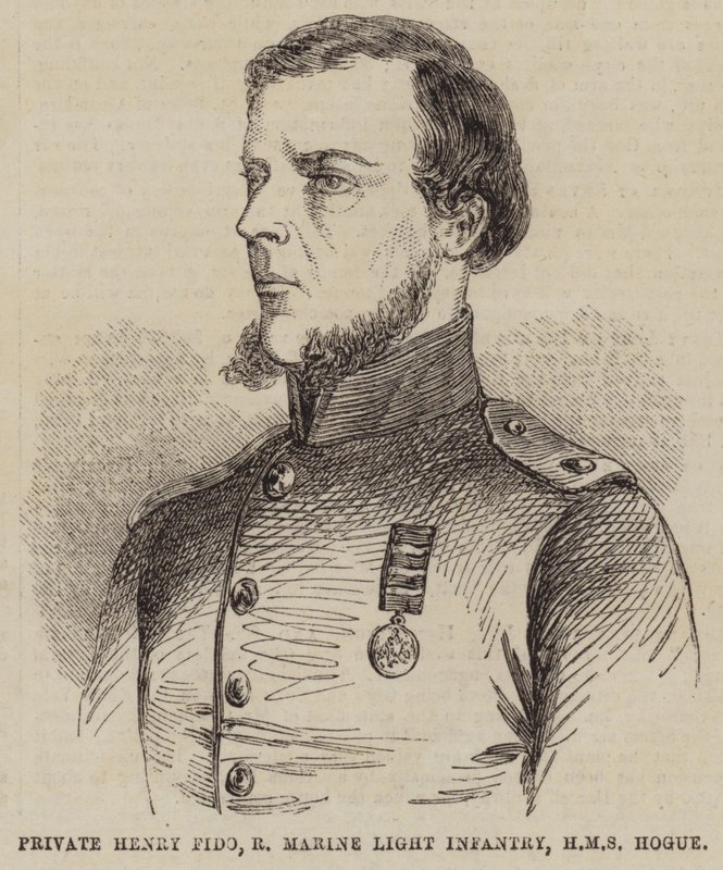 Soldato Henry Fido, Fanteria Leggera dei Marines Reali, HMS Hogue (incisione) da English School