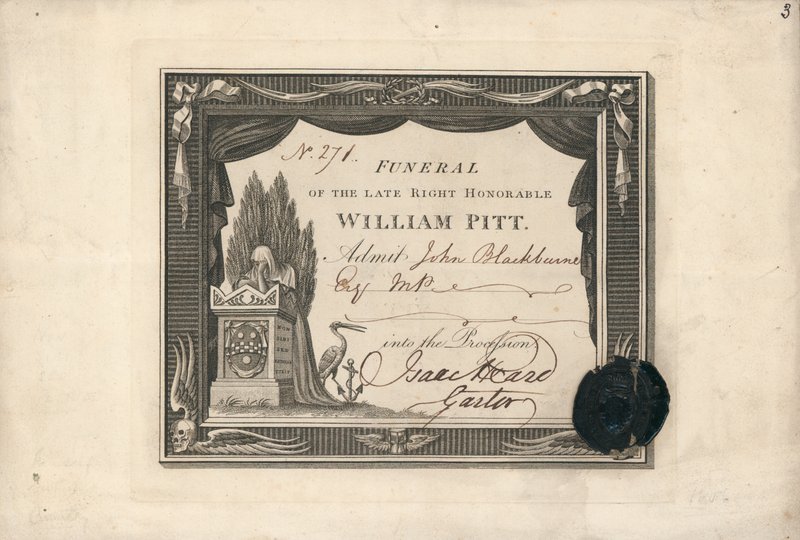 Biglietto di ammissione alla processione per il funerale di William Pitt da English School