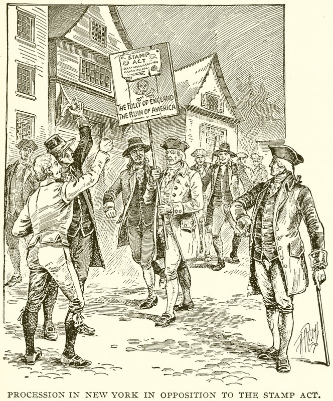 Processione a New York in opposizione allo Stamp Act da English School