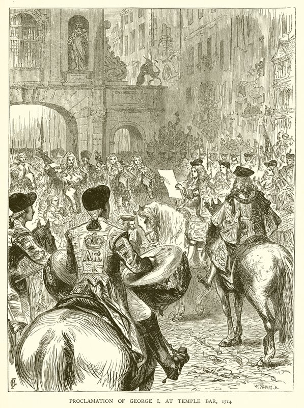 Proclamazione di Giorgio I a Temple Bar, 1714 da English School