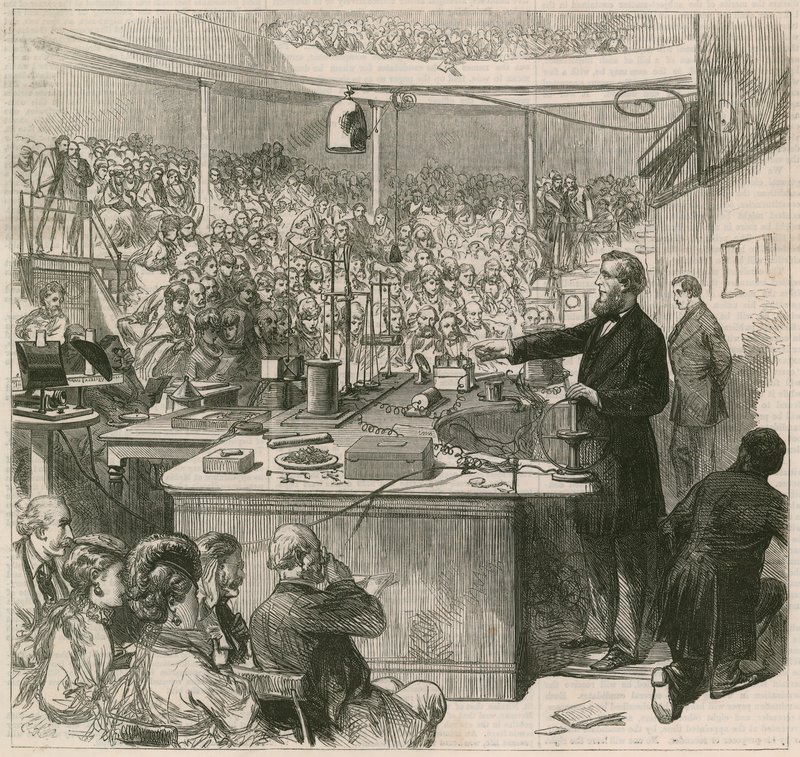 Professor Tyndall che tiene una lezione alla Royal Institution, 1870 da English School