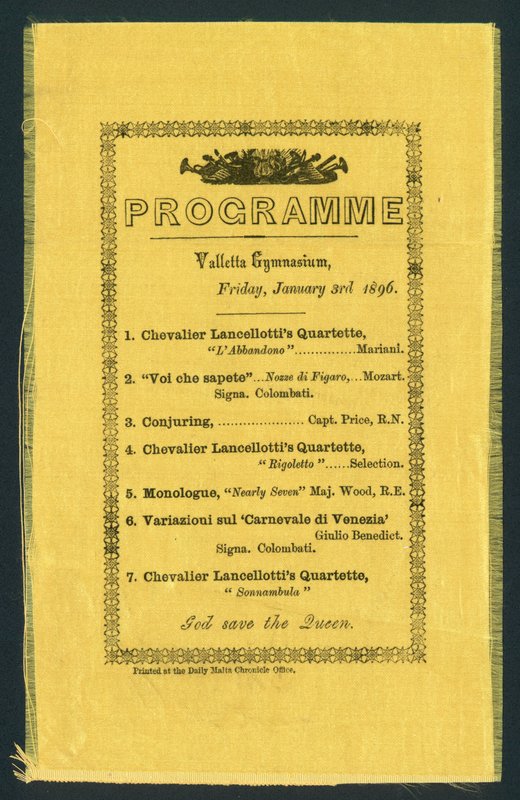 Programma per la Valletta Gymnasium, 3 gennaio 1896 da English School