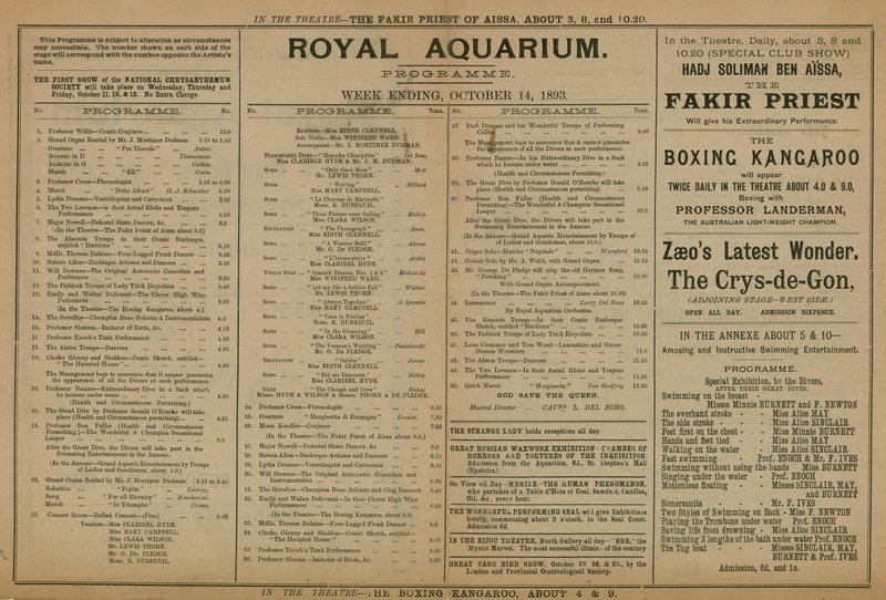 Programma degli eventi al Royal Aquarium da English School