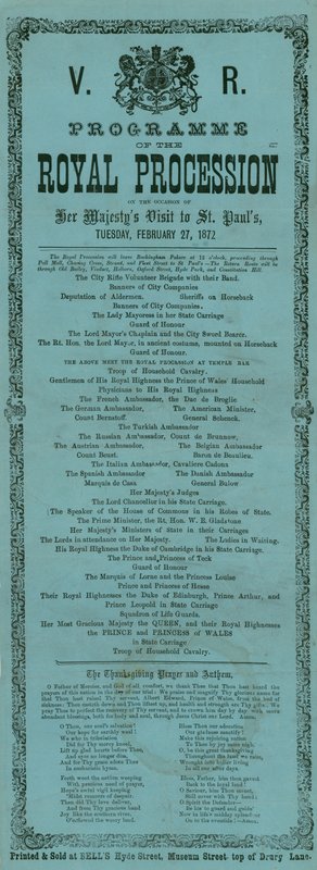 Programma della Processione Reale in occasione della visita di Sua Maestà alla Cattedrale di St Paul, Londra, 27 febbraio 1872 da English School