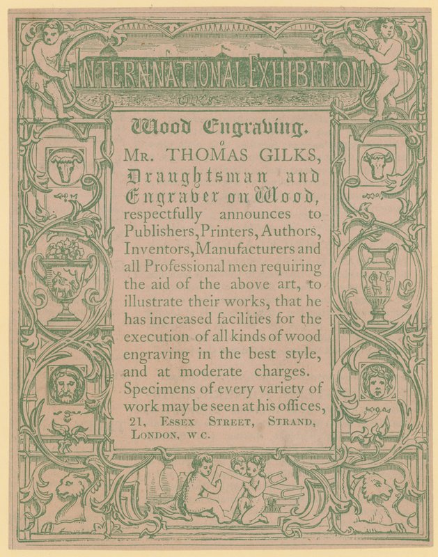 Carta promozionale per Thomas Gilks, disegnatore e incisore su legno da English School