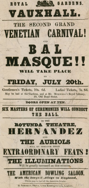 Volantino promozionale per il Secondo Grande Carnevale Veneziano e Bal Masque ai Giardini Reali, Vauxhall, Londra da English School