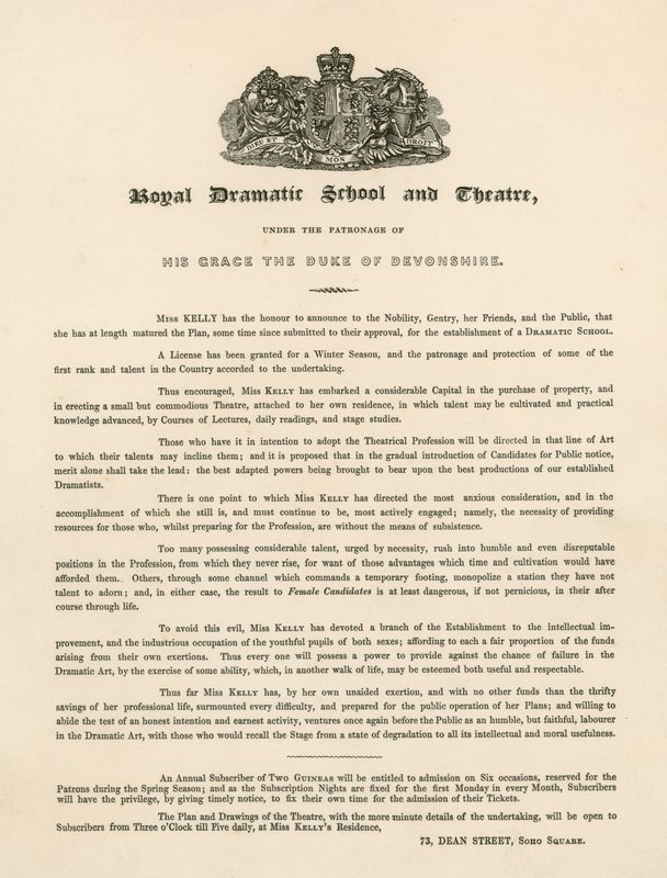Lettera promozionale per la Royal Dramatic School and Theatre, 73 Dean Street, Soho Square, Londra da English School