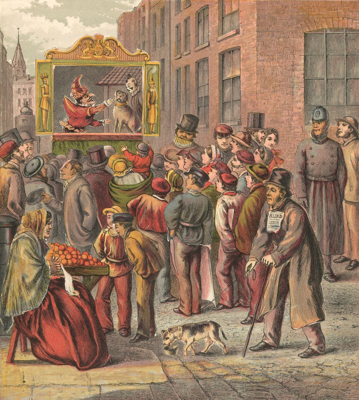 Spettacolo di Punch e Judy in strada da English School
