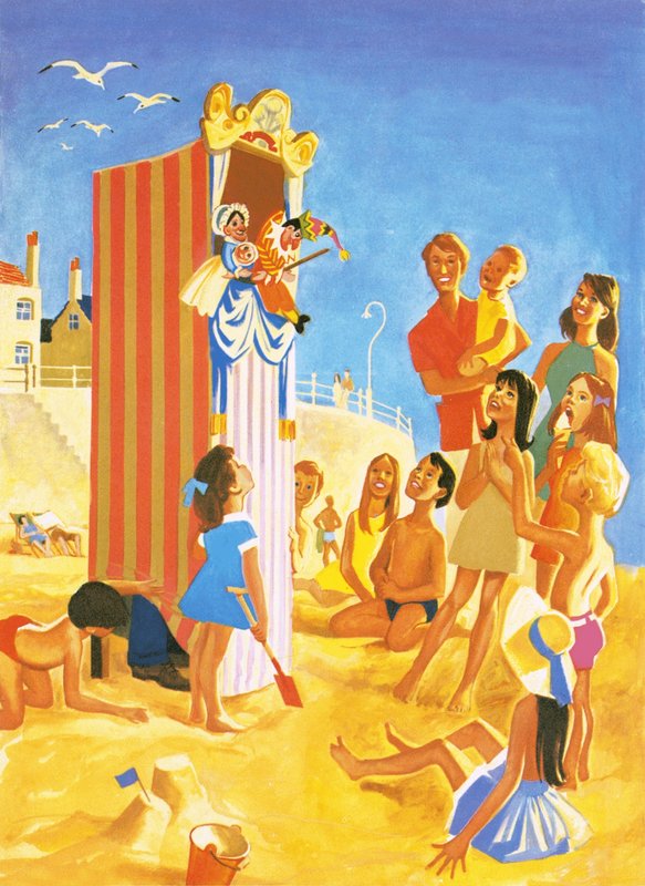 Spettacolo di Punch e Judy sulla spiaggia da English School