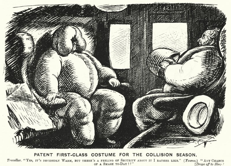 Cartone animato di Punch: Costume di prima classe brevettato per la stagione delle collisioni - sicurezza sulle ferrovie da English School