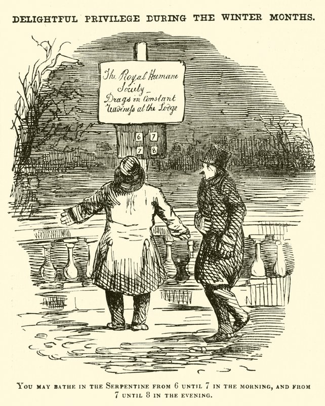 Vignetta di Punch: Nuotare nel Serpentine, Hyde Park, Londra da English School