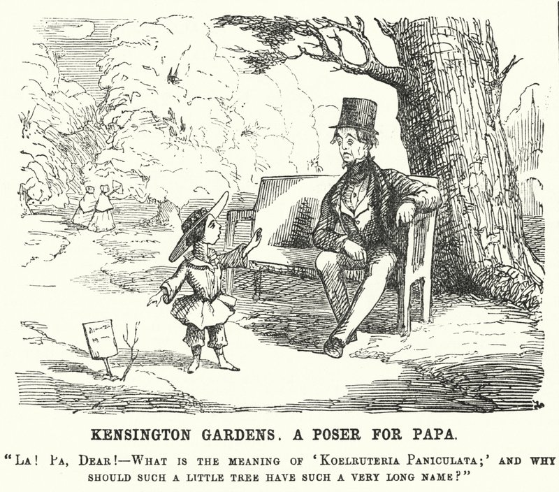 Bambina che fa una domanda a suo padre nei Kensington Gardens, Londra da English School