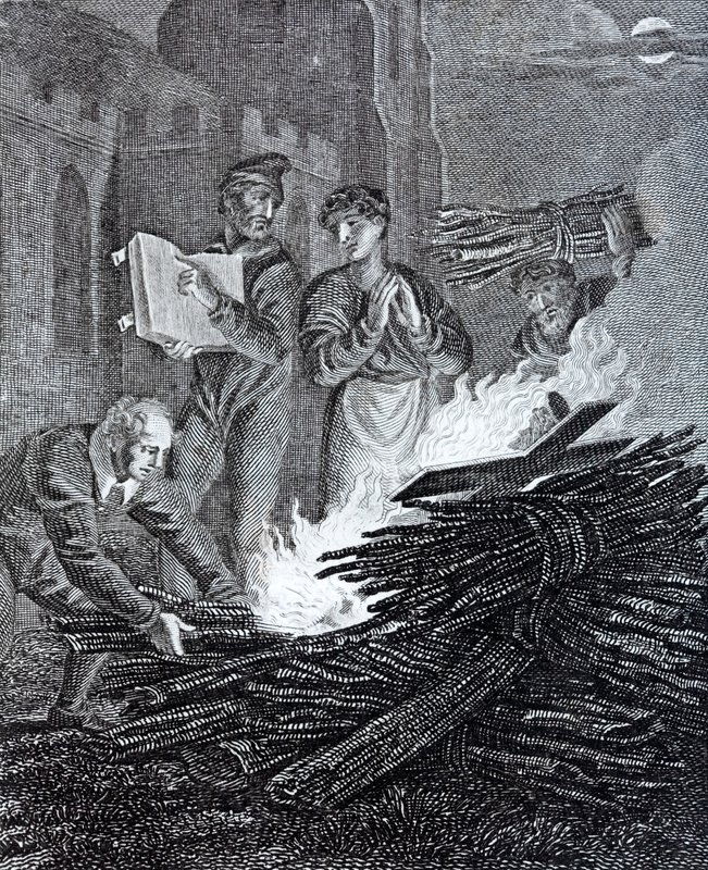 Iconoclasti puritani che bruciano un crocifisso preso da una chiesa sulla strada per Norwich, Norfolk da English School