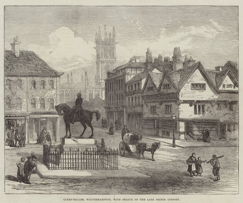 Queen-Square, Wolverhampton, con la statua del defunto Principe Consorte da English School