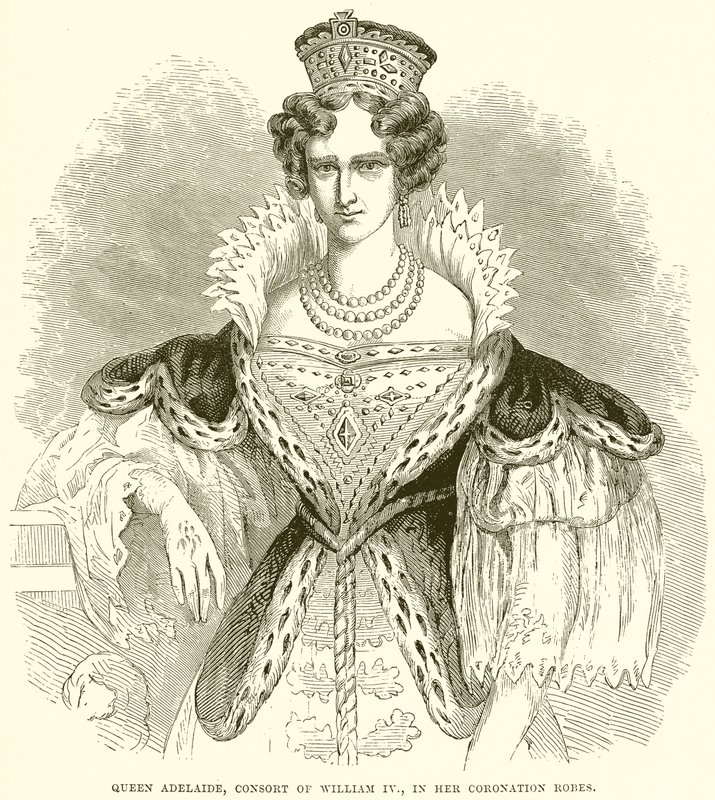 Regina Adelaide, consorte di Guglielmo IV, nei suoi abiti di incoronazione da English School