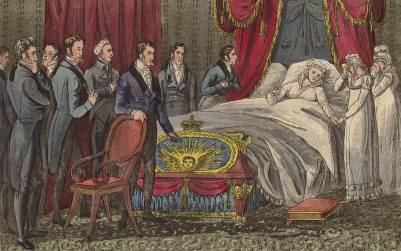 La regina Carolina sul letto di morte, Brandenburg House, Hammersmith, Londra da English School