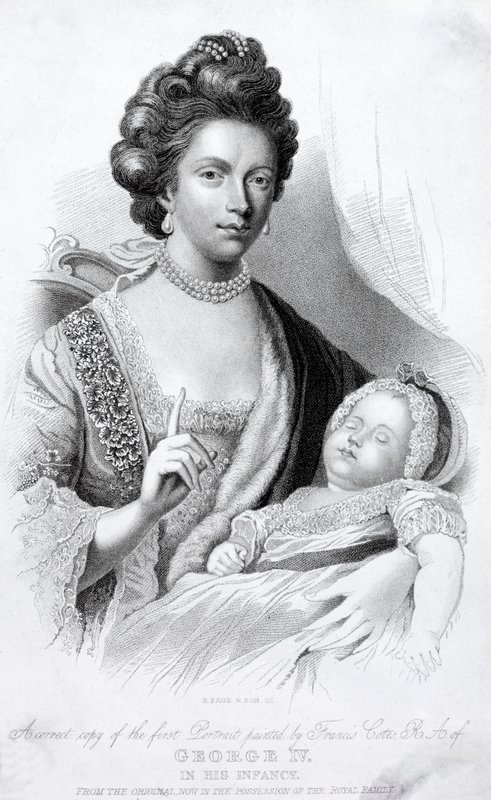 Regina Carlotta, consorte di Re Giorgio III, con il loro figlio neonato, il futuro Principe Reggente e Re Giorgio IV da English School