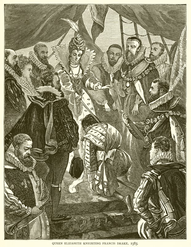 La regina Elisabetta che nomina cavaliere Francis Drake, 1585 da English School