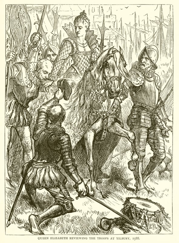 La regina Elisabetta passa in rassegna le truppe a Tilbury, 1588 da English School