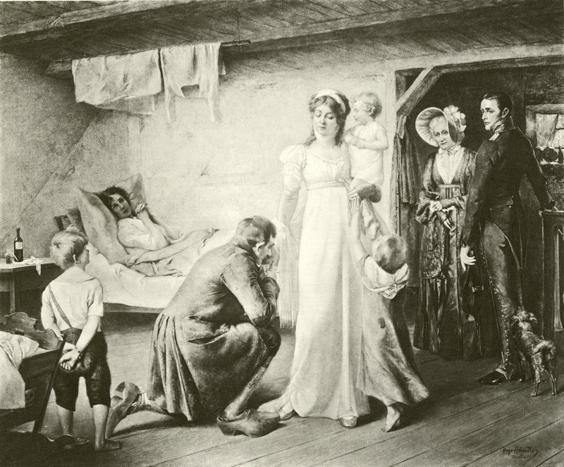 La Regina Luisa di Prussia visita i poveri (incisione) da English School