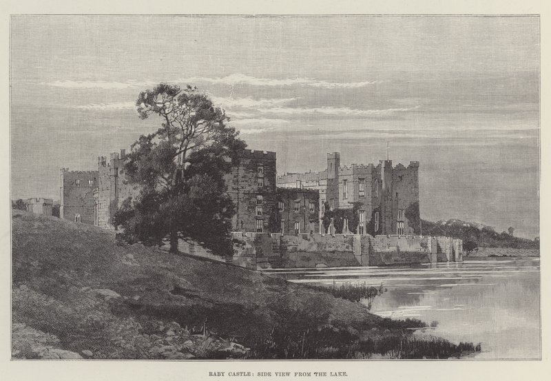 Castello di Raby, vista laterale dal lago (incisione) da English School