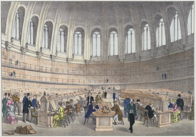 Sala di lettura nel British Museum, Londra (incisione colorata) da English School