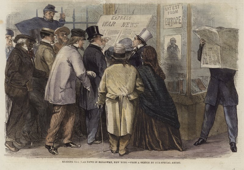 Lettura delle notizie di guerra a Broadway, New York da English School