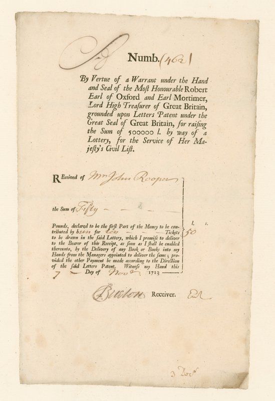 Ricevuta per la Lotteria della Lista Civile del 1713 da English School