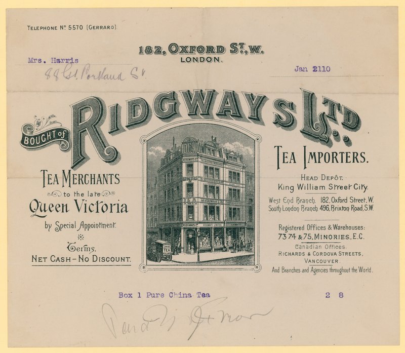 Ricevuta da Ridgways, importatori di tè, 182 Oxford Street, Londra da English School