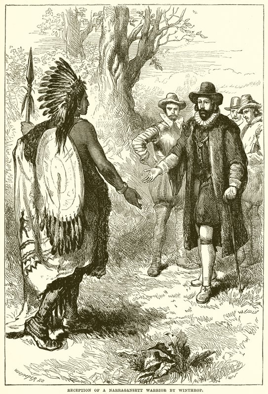 Accoglienza di un guerriero Narragansett da parte di Winthrop da English School