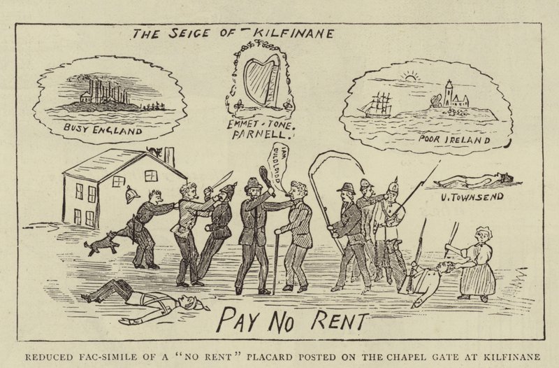 Fac-simile ridotto di un cartello "No Rent" affisso sul cancello della cappella a Kilfinane da English School