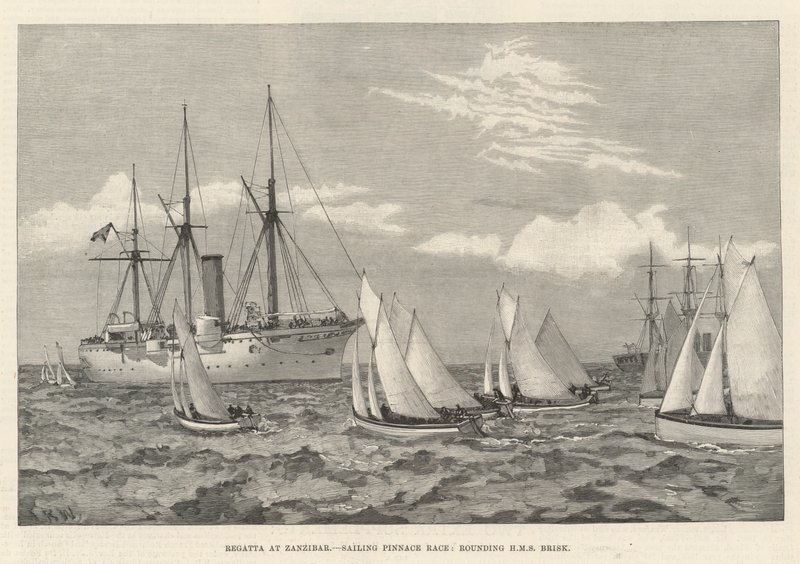 Regata a Zanzibar, Gara di Pinnace a Vela, girando intorno alla HMS Brisk (incisione) da English School