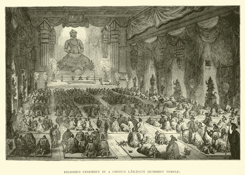 Cerimonia religiosa in un lamaserio cinese, Tempio buddista da English School