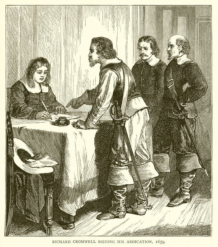 Richard Cromwell firma la sua abdicazione, 1659 da English School