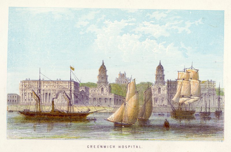 Fiume Tamigi: Ospedale di Greenwich (incisione colorata) da English School