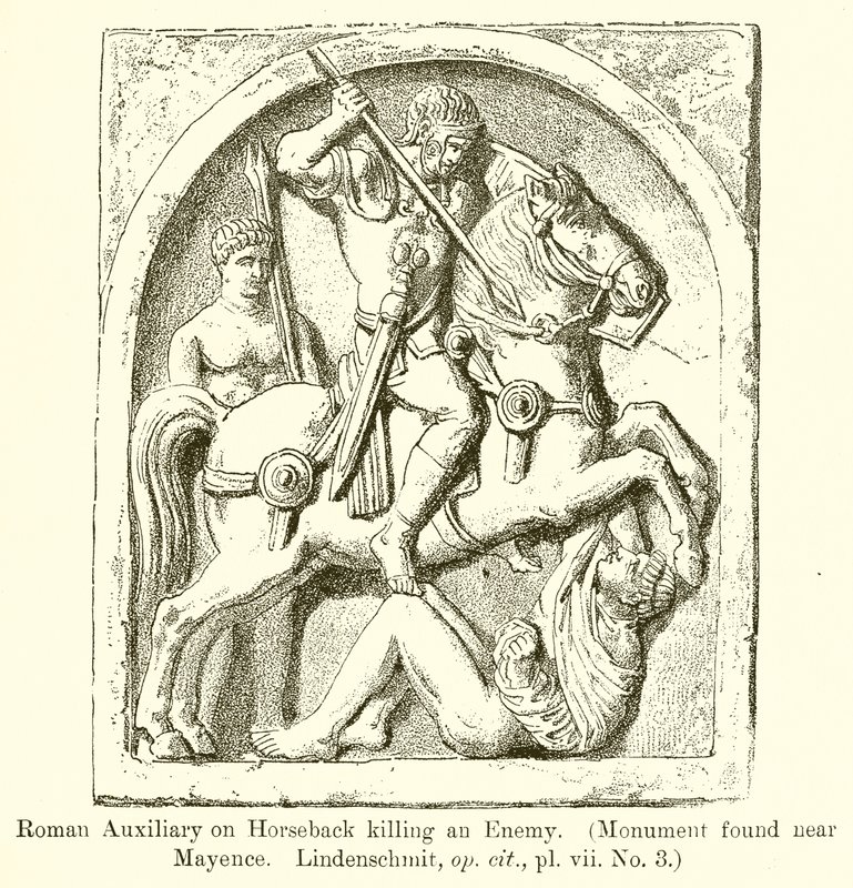 Ausiliario romano a cavallo che uccide un nemico (Monumento trovato vicino a Magonza. Lindenschmit, op. cit., vii. No. 3) da English School