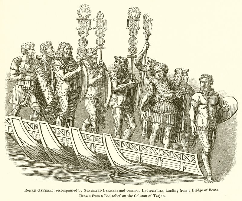 Generale romano, accompagnato da portabandiera e legionari comuni, sbarca da un ponte di barche da English School