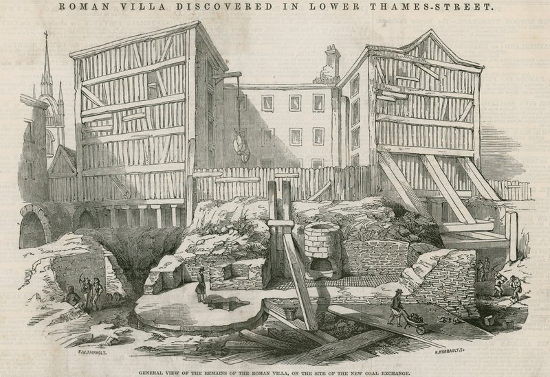 Villa romana scoperta in Lower Thames Street, Londra: Vista generale dei resti della villa romana sul sito del nuovo Coal Exchange da English School