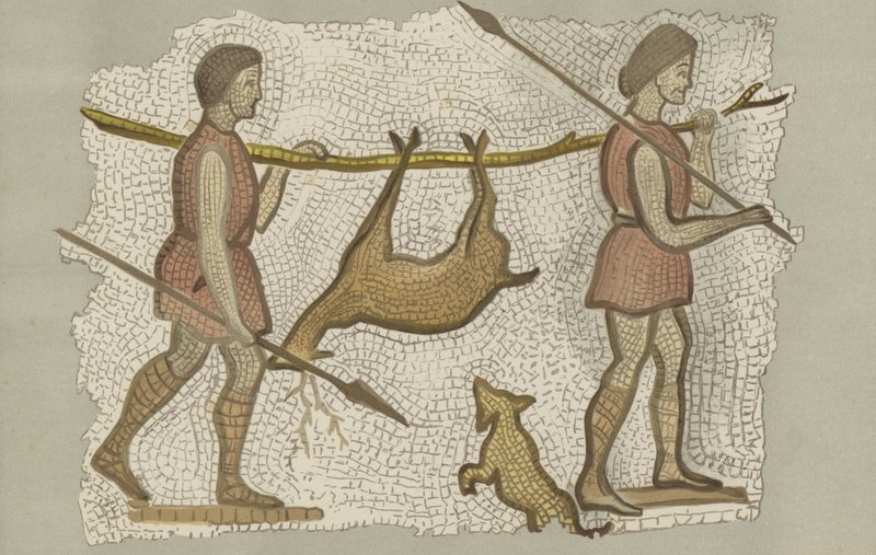 Mosaico romano, che mostra due uomini che trasportano un cervo da English School