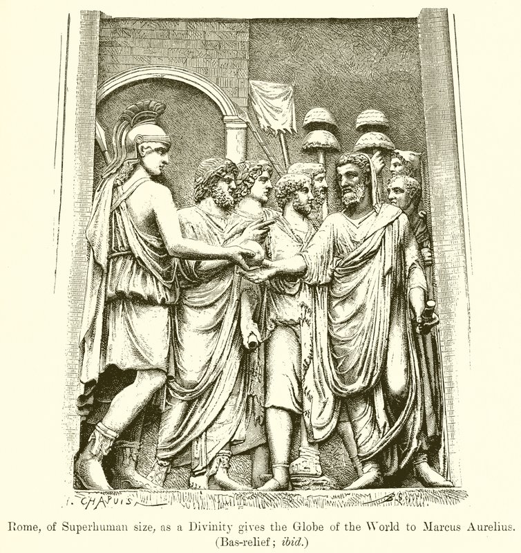 Roma, di dimensioni sovrumane, come una divinità dona il globo del mondo a Marco Aurelio (Bassorilievo; ibid) da English School