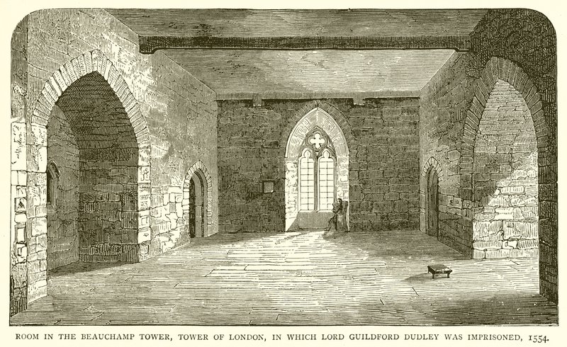 Stanza nella Torre di Beauchamp, Torre di Londra, in cui fu imprigionato Lord Guildford Dudley, 1554 da English School