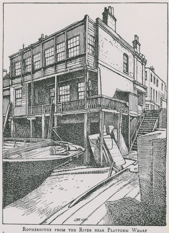 Rotherhithe dal fiume Tamigi vicino a Platform Wharf; The Angel da English School
